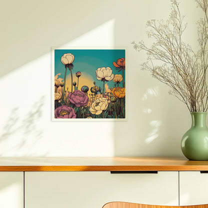 Pfingstrosenblüten in Nahaufnahme vor warmem orangefarbenem Himmel, umgeben von üppigem Grün und pastellfarbenen Wolken – stimmungsvolle Naturkunst.. Ohne Rahmen 30x30