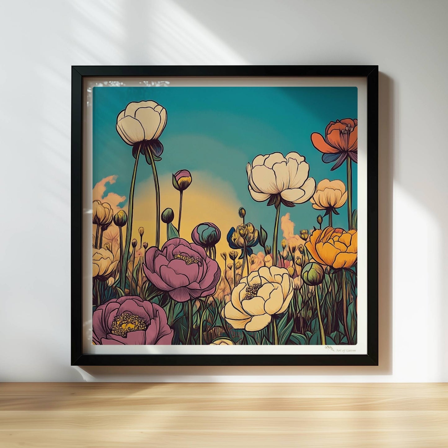 Pfingstrosenblüten in Nahaufnahme vor warmem orangefarbenem Himmel, umgeben von üppigem Grün und pastellfarbenen Wolken – stimmungsvolle Naturkunst.. Rahmen schwarz 30x30