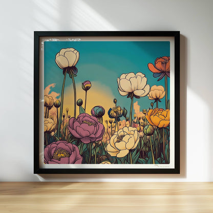 Pfingstrosenblüten in Nahaufnahme vor warmem orangefarbenem Himmel, umgeben von üppigem Grün und pastellfarbenen Wolken – stimmungsvolle Naturkunst.. Rahmen schwarz 30x30