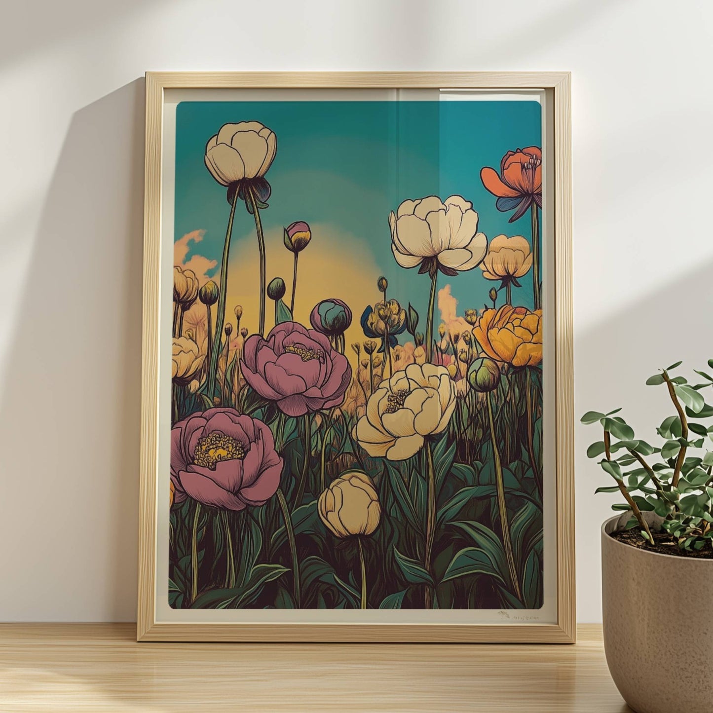 Pfingstrosenblüten in Nahaufnahme vor warmem orangefarbenem Himmel, umgeben von üppigem Grün und pastellfarbenen Wolken – stimmungsvolle Naturkunst.. Rahmen natur 30x40
