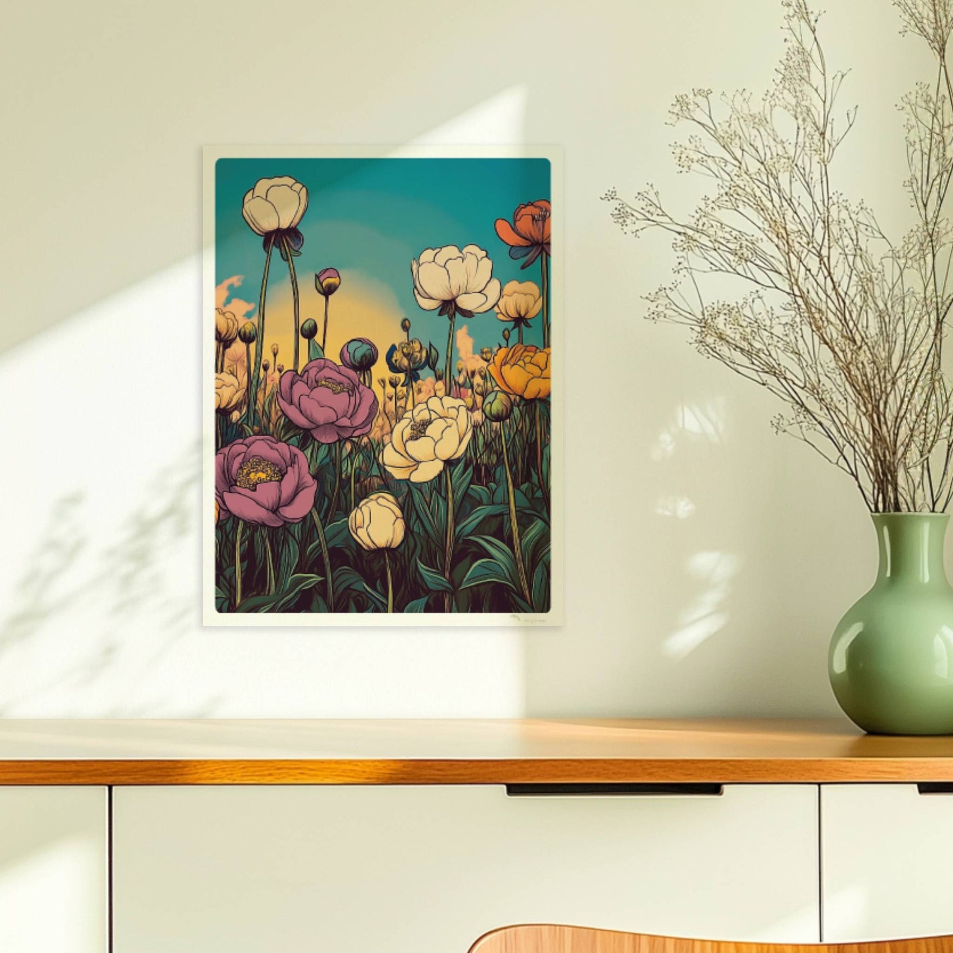 Pfingstrosenblüten in Nahaufnahme vor warmem orangefarbenem Himmel, umgeben von üppigem Grün und pastellfarbenen Wolken – stimmungsvolle Naturkunst.. Ohne Rahmen 30x40