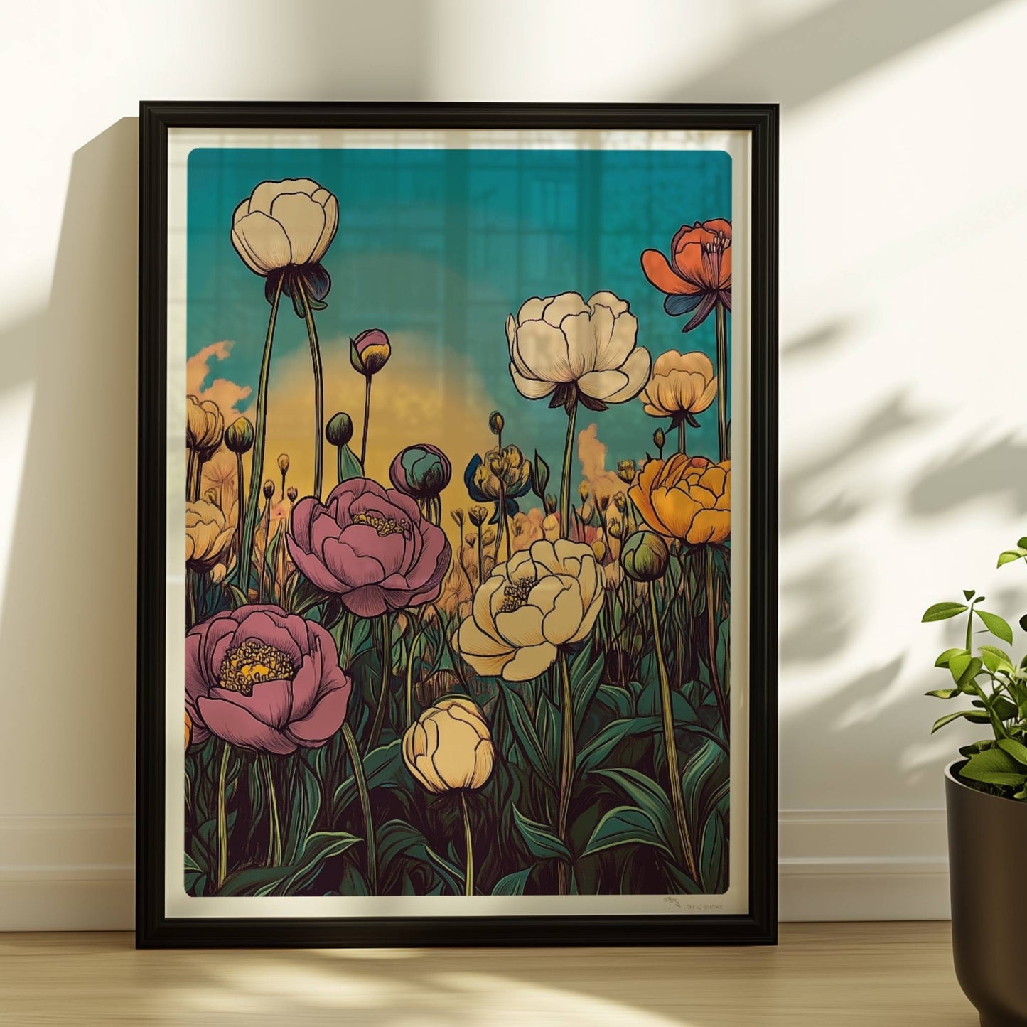 Pfingstrosenblüten in Nahaufnahme vor warmem orangefarbenem Himmel, umgeben von üppigem Grün und pastellfarbenen Wolken – stimmungsvolle Naturkunst.. Rahmen schwarz 30x40