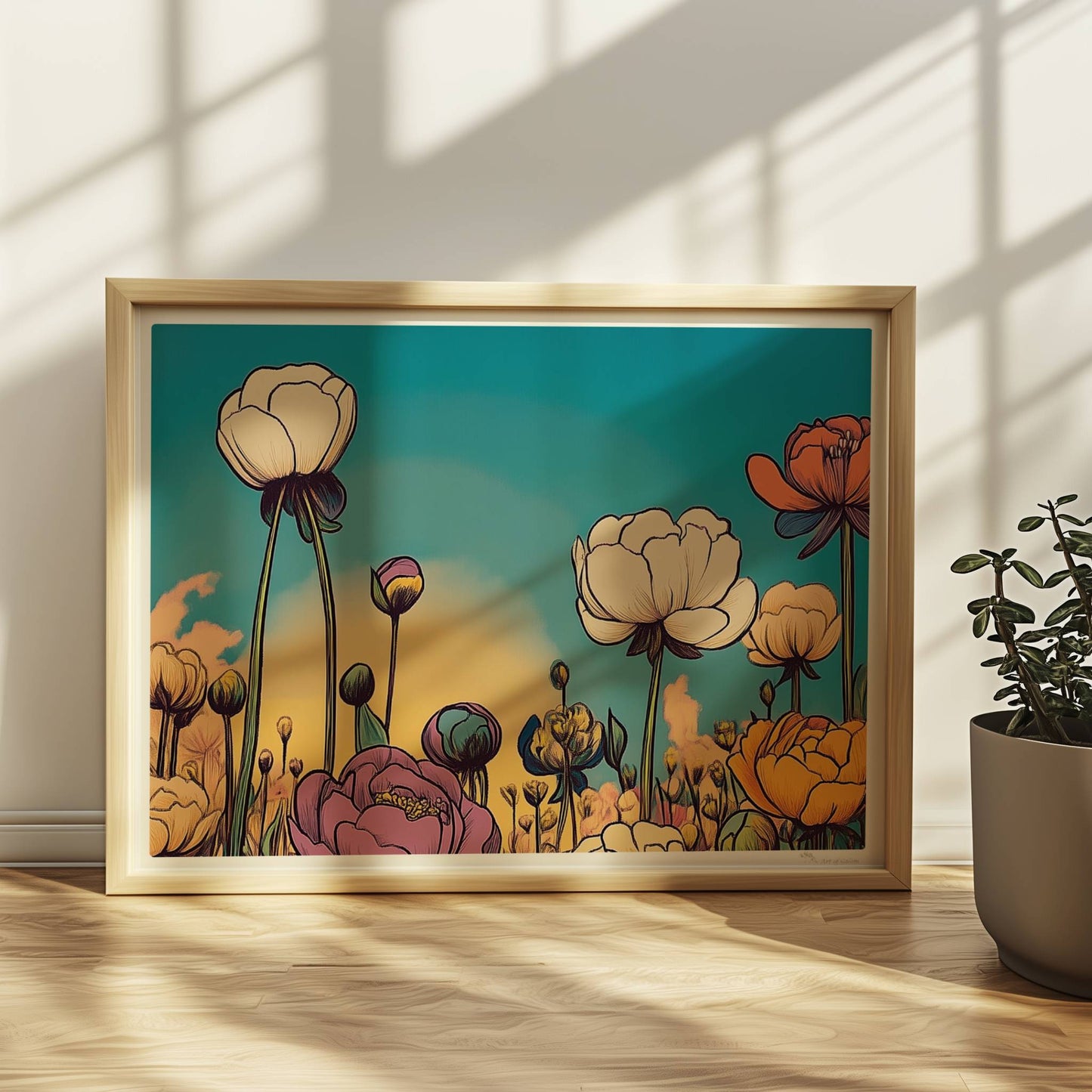 Pfingstrosenblüten in Nahaufnahme vor warmem orangefarbenem Himmel, umgeben von üppigem Grün und pastellfarbenen Wolken – stimmungsvolle Naturkunst.. Rahmen natur 40x30