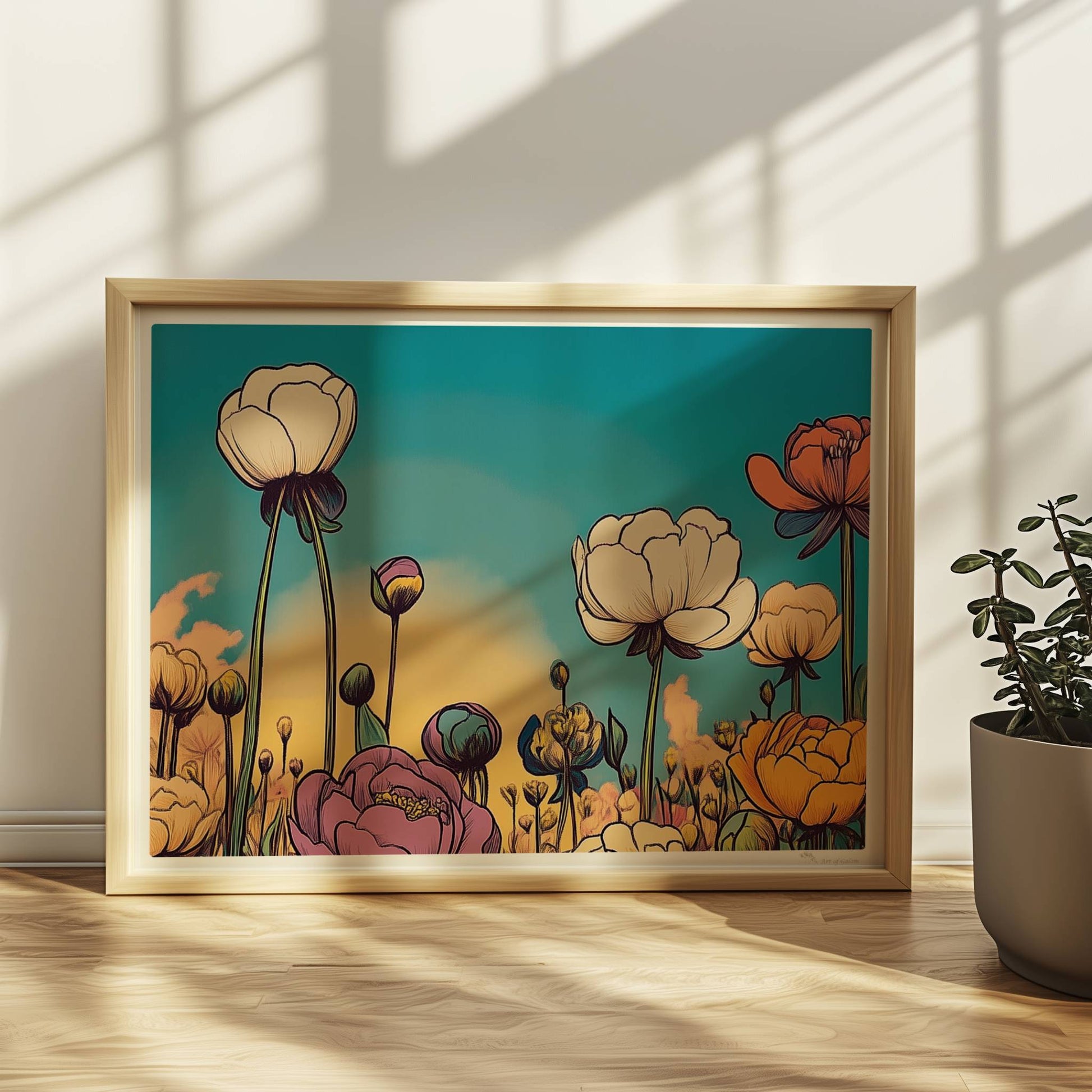 Pfingstrosenblüten in Nahaufnahme vor warmem orangefarbenem Himmel, umgeben von üppigem Grün und pastellfarbenen Wolken – stimmungsvolle Naturkunst.. Rahmen natur 40x30