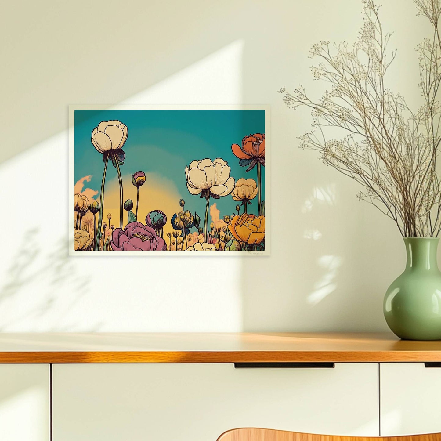 Pfingstrosenblüten in Nahaufnahme vor warmem orangefarbenem Himmel, umgeben von üppigem Grün und pastellfarbenen Wolken – stimmungsvolle Naturkunst.. Ohne Rahmen 40x30