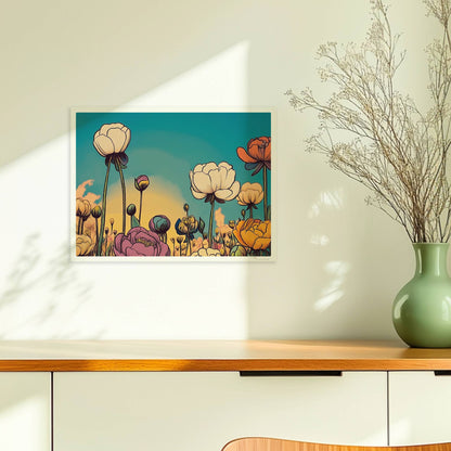 Pfingstrosenblüten in Nahaufnahme vor warmem orangefarbenem Himmel, umgeben von üppigem Grün und pastellfarbenen Wolken – stimmungsvolle Naturkunst.. Ohne Rahmen 40x30