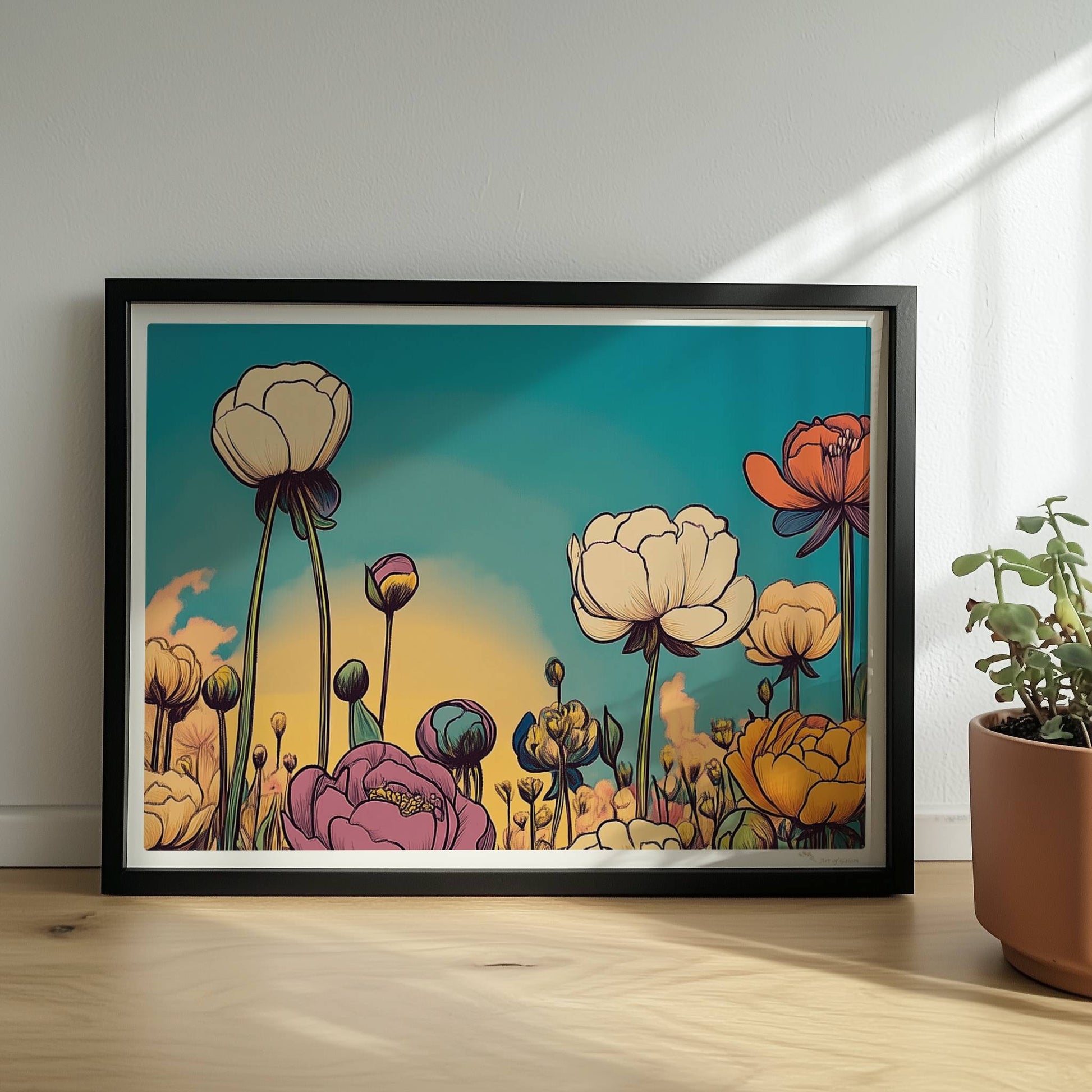 Pfingstrosenblüten in Nahaufnahme vor warmem orangefarbenem Himmel, umgeben von üppigem Grün und pastellfarbenen Wolken – stimmungsvolle Naturkunst.. Rahmen schwarz 40x30