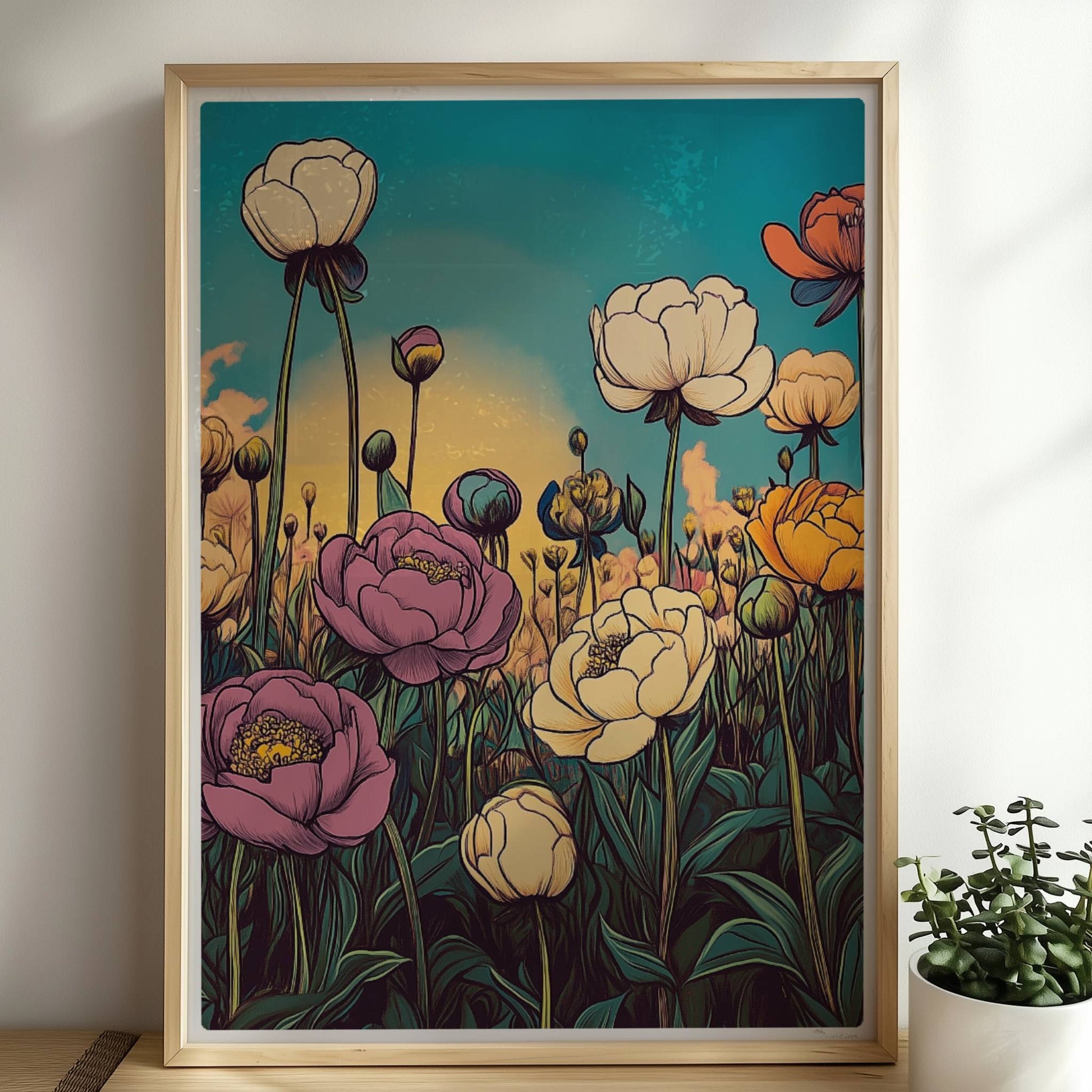 Pfingstrosenblüten in Nahaufnahme vor warmem orangefarbenem Himmel, umgeben von üppigem Grün und pastellfarbenen Wolken – stimmungsvolle Naturkunst.. Rahmen natur 50x70