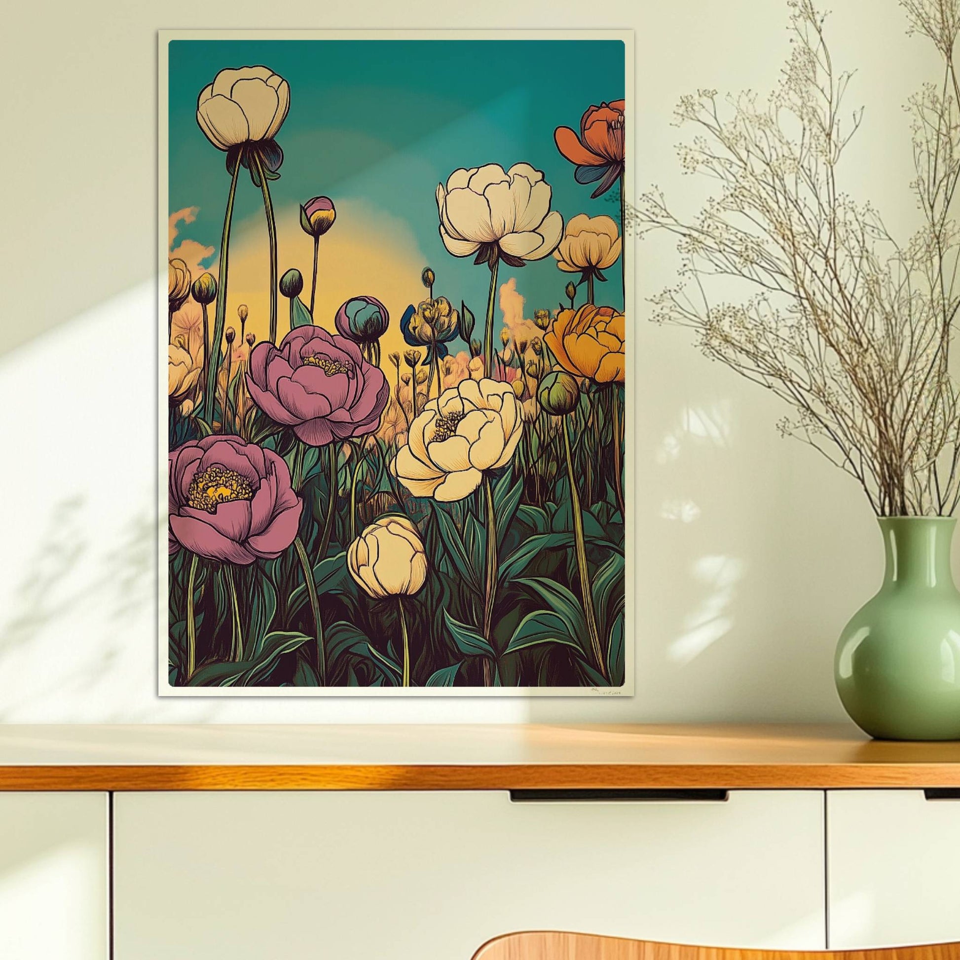 Pfingstrosenblüten in Nahaufnahme vor warmem orangefarbenem Himmel, umgeben von üppigem Grün und pastellfarbenen Wolken – stimmungsvolle Naturkunst.. Ohne Rahmen 50x70