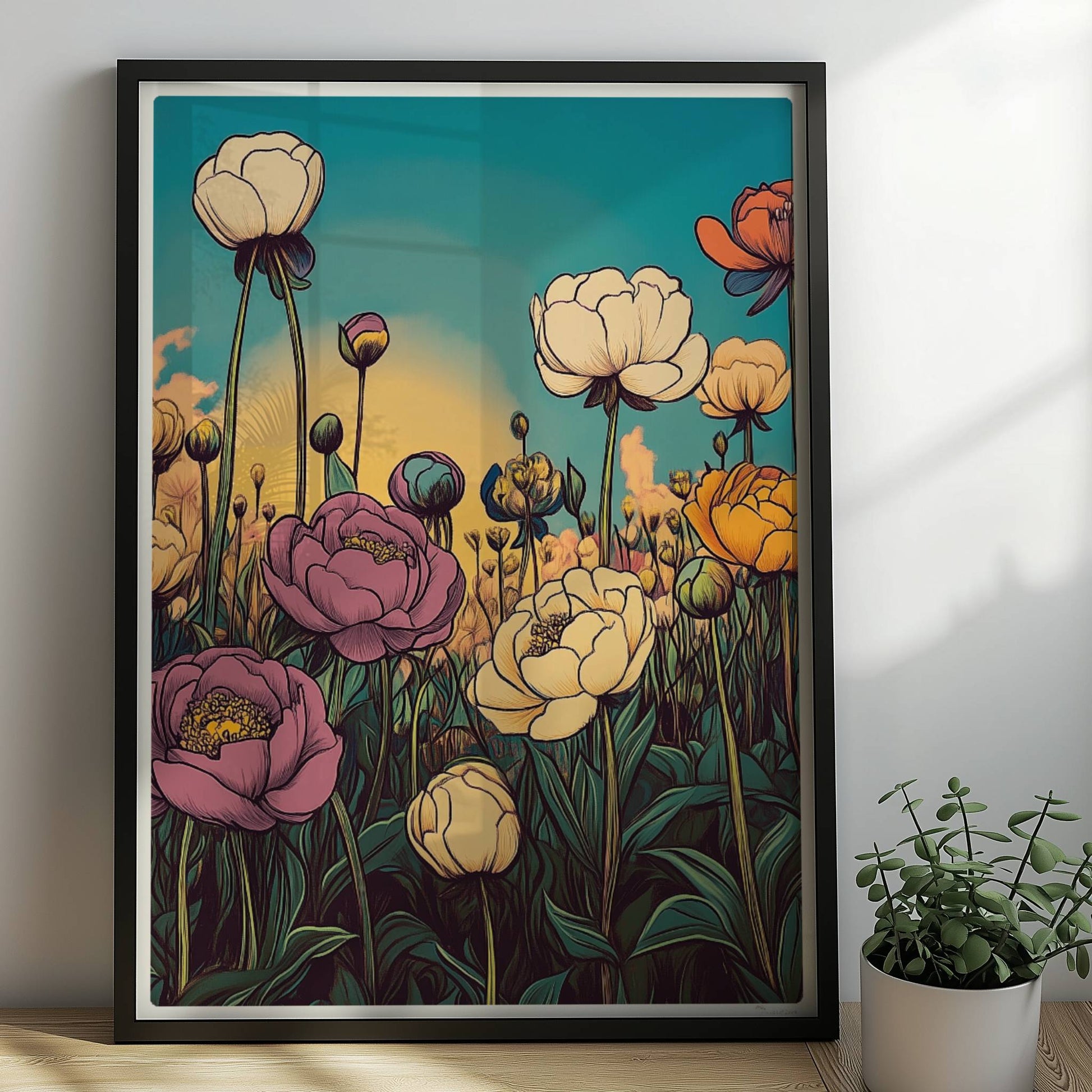 Pfingstrosenblüten in Nahaufnahme vor warmem orangefarbenem Himmel, umgeben von üppigem Grün und pastellfarbenen Wolken – stimmungsvolle Naturkunst.. Rahmen schwarz 50x70