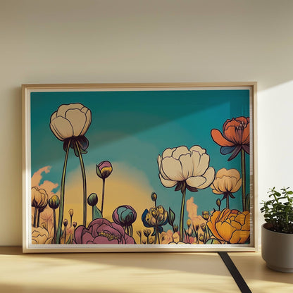 Pfingstrosenblüten in Nahaufnahme vor warmem orangefarbenem Himmel, umgeben von üppigem Grün und pastellfarbenen Wolken – stimmungsvolle Naturkunst.. Rahmen natur 70x50