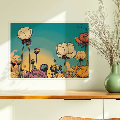 Pfingstrosenblüten in Nahaufnahme vor warmem orangefarbenem Himmel, umgeben von üppigem Grün und pastellfarbenen Wolken – stimmungsvolle Naturkunst.. Ohne Rahmen 70x50
