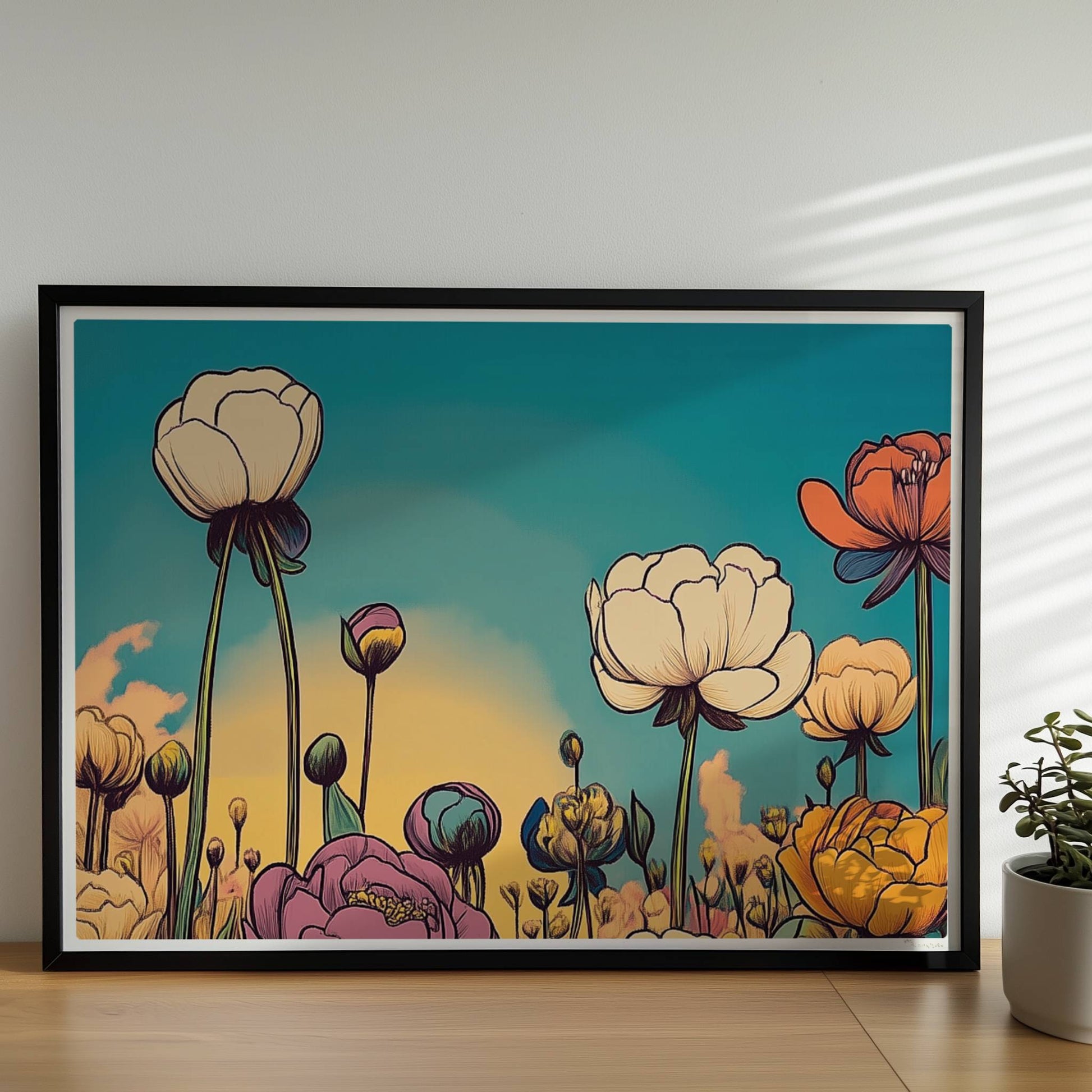 Pfingstrosenblüten in Nahaufnahme vor warmem orangefarbenem Himmel, umgeben von üppigem Grün und pastellfarbenen Wolken – stimmungsvolle Naturkunst.. Rahmen schwarz 70x50