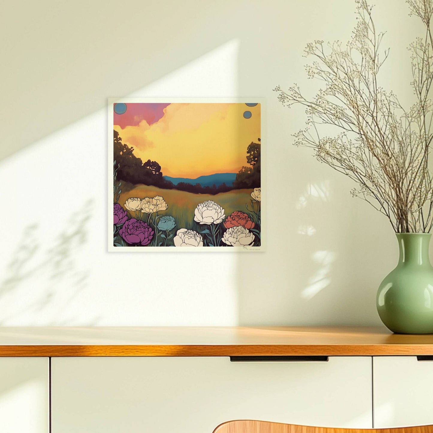 Pfingstrosen in voller Blüte vor dramatischem Sonnenuntergang mit pinkfarbenen Wolken und tiefgrünem Feld – kraftvolle Naturillustration.. Ohne Rahmen 30x30