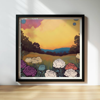Pfingstrosen in voller Blüte vor dramatischem Sonnenuntergang mit pinkfarbenen Wolken und tiefgrünem Feld – kraftvolle Naturillustration.. Rahmen schwarz 30x30