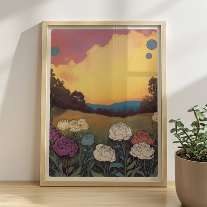 Pfingstrosen in voller Blüte vor dramatischem Sonnenuntergang mit pinkfarbenen Wolken und tiefgrünem Feld – kraftvolle Naturillustration.. Rahmen natur 30x40