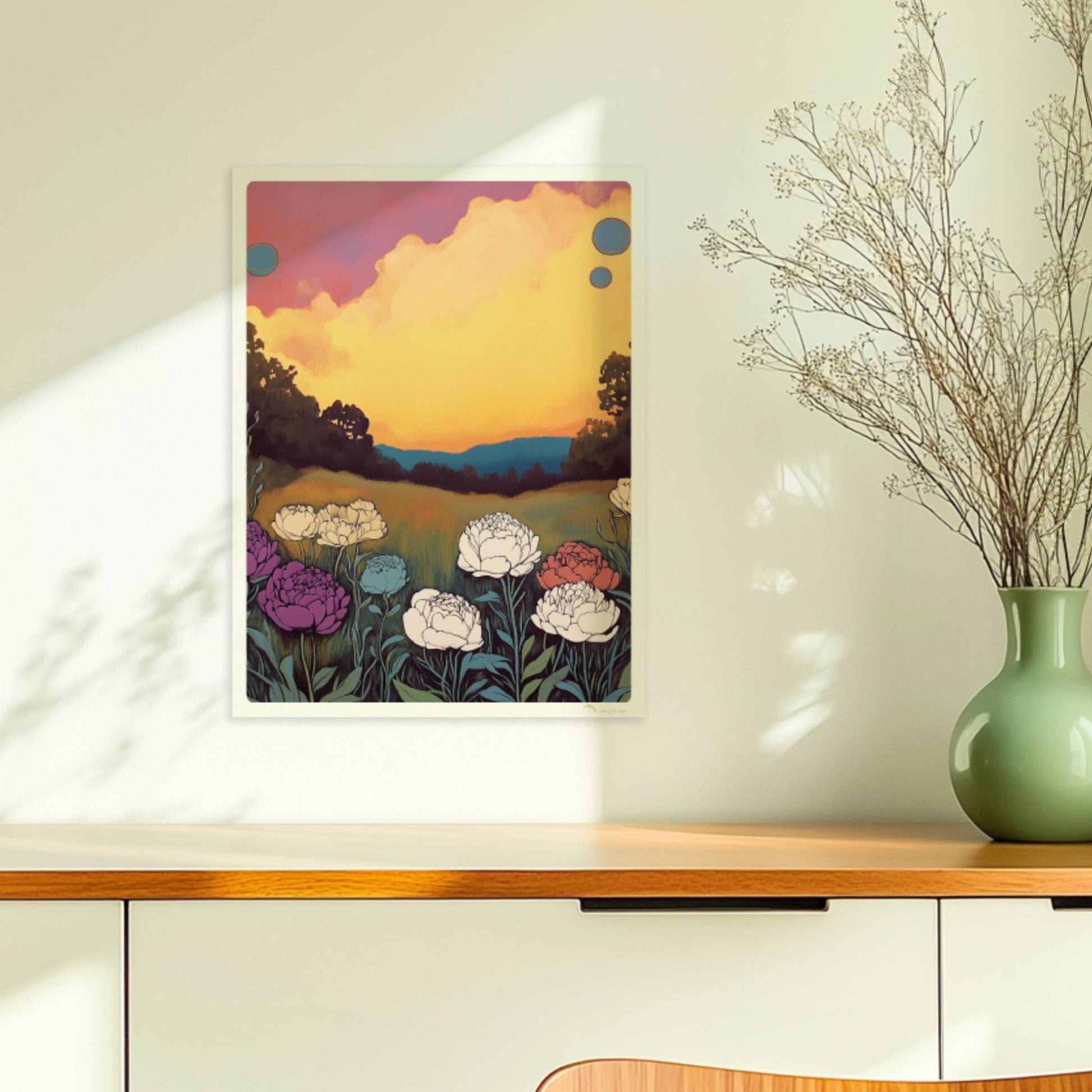 Pfingstrosen in voller Blüte vor dramatischem Sonnenuntergang mit pinkfarbenen Wolken und tiefgrünem Feld – kraftvolle Naturillustration.. Ohne Rahmen 30x40