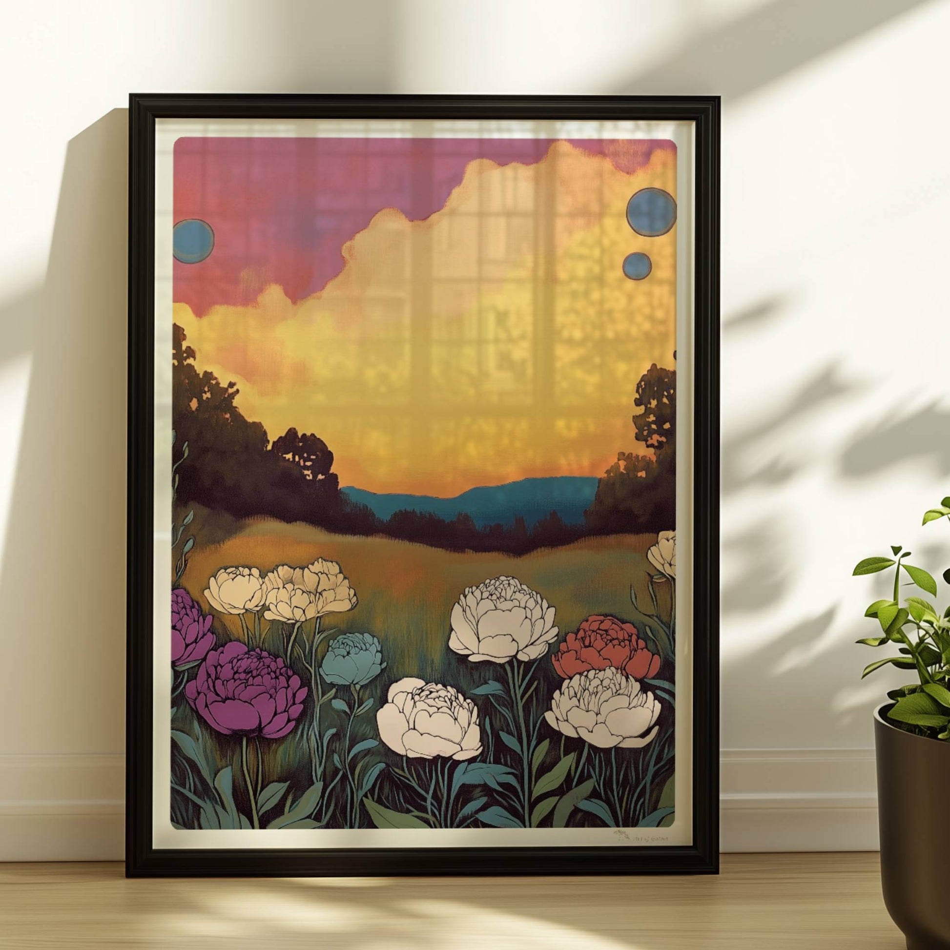 Pfingstrosen in voller Blüte vor dramatischem Sonnenuntergang mit pinkfarbenen Wolken und tiefgrünem Feld – kraftvolle Naturillustration.. Rahmen schwarz 30x40