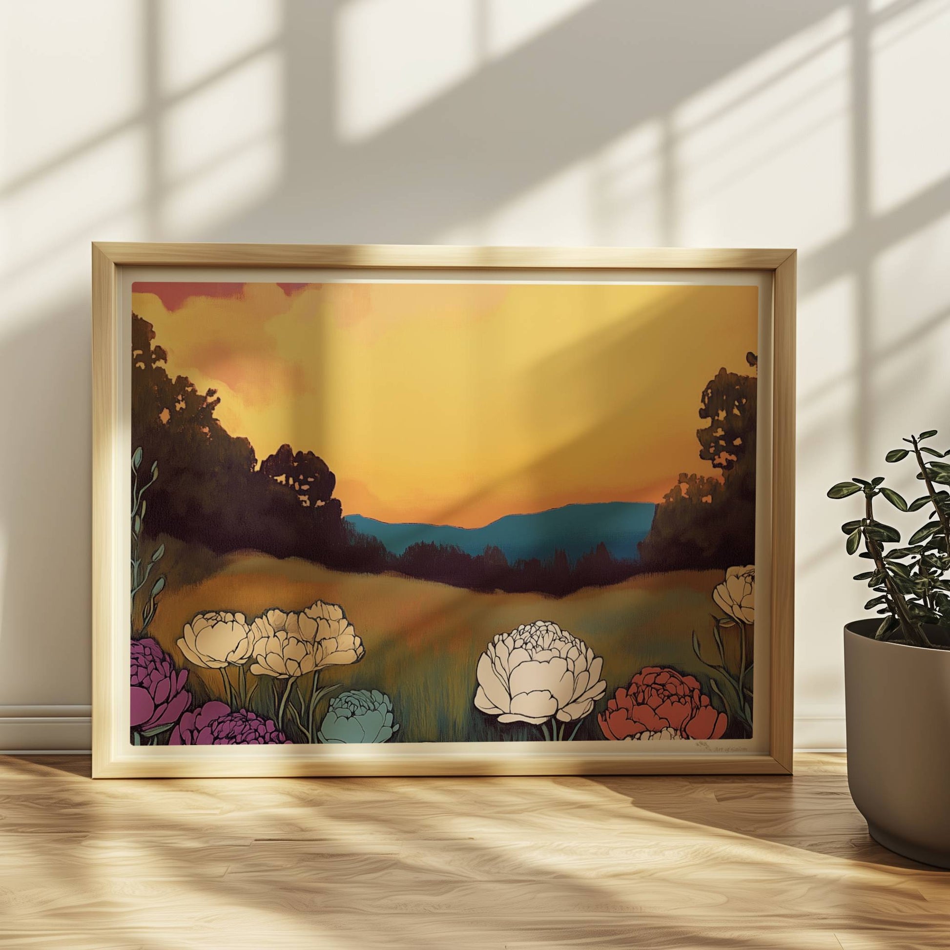 Pfingstrosen in voller Blüte vor dramatischem Sonnenuntergang mit pinkfarbenen Wolken und tiefgrünem Feld – kraftvolle Naturillustration.. Rahmen natur 40x30