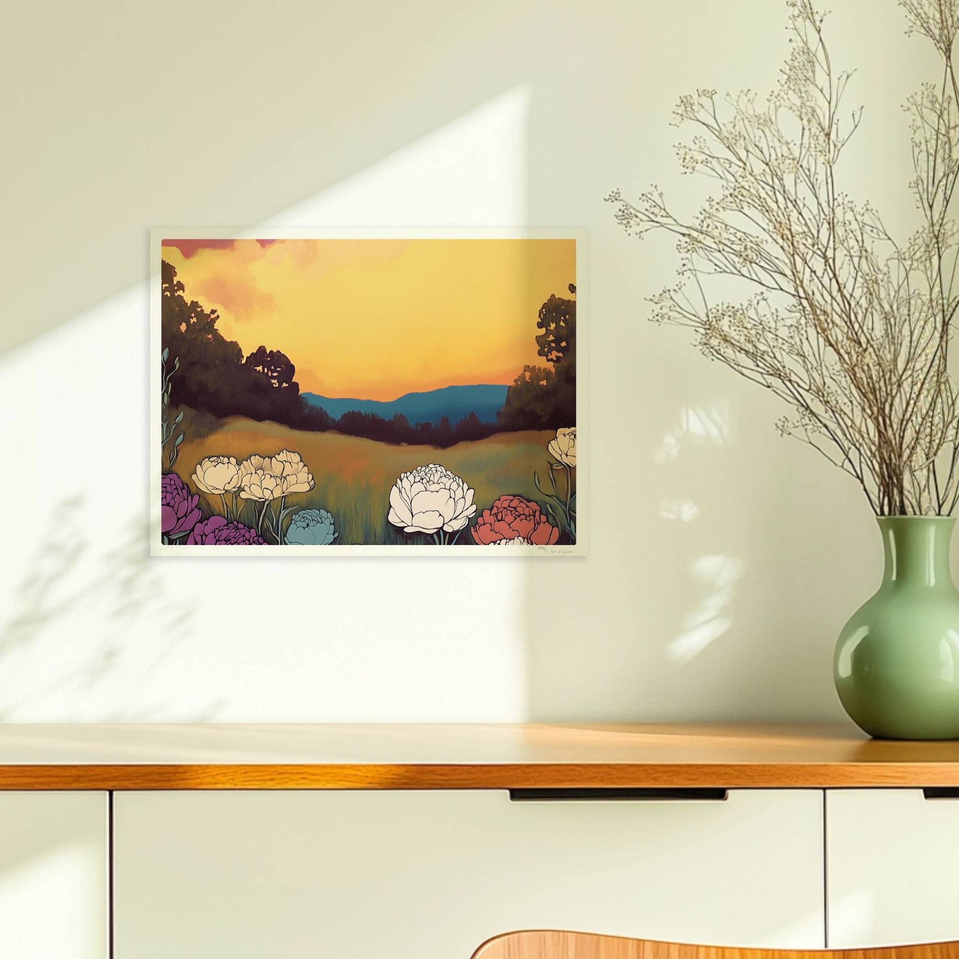 Pfingstrosen in voller Blüte vor dramatischem Sonnenuntergang mit pinkfarbenen Wolken und tiefgrünem Feld – kraftvolle Naturillustration.. Ohne Rahmen 40x30