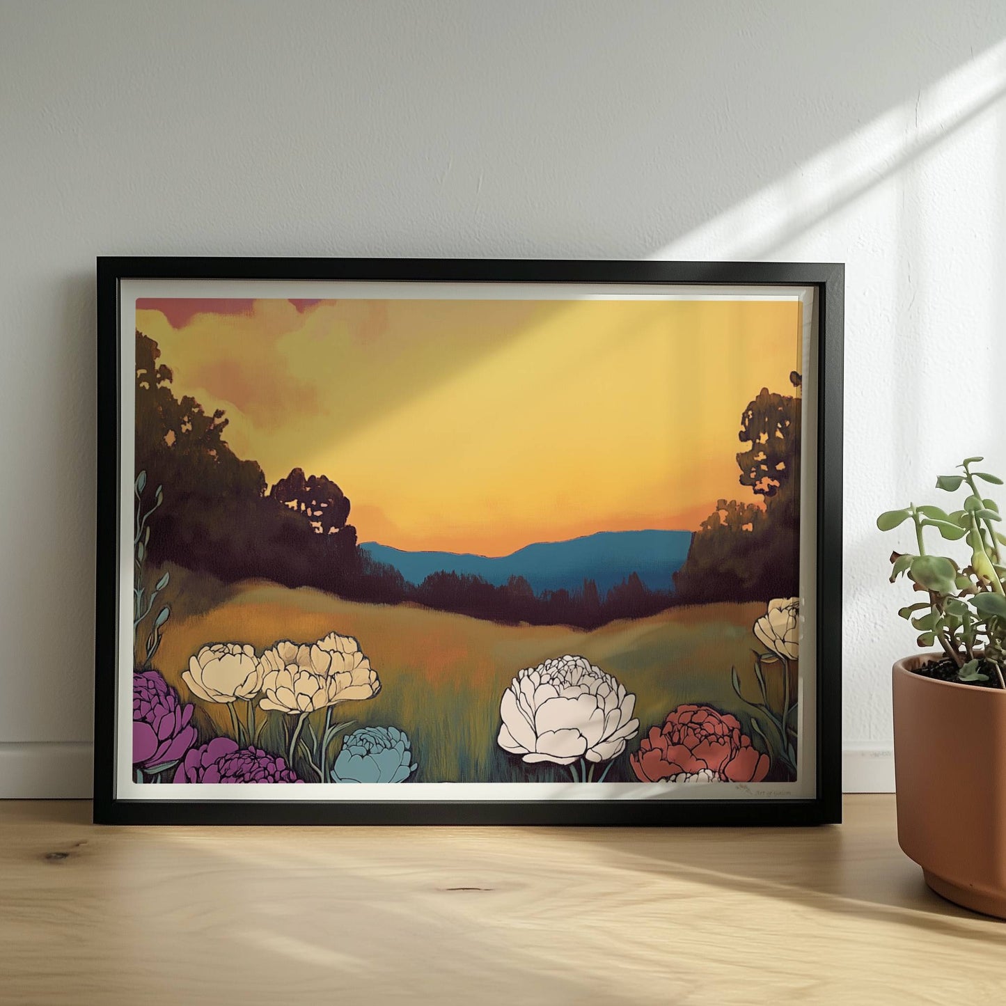 Pfingstrosen in voller Blüte vor dramatischem Sonnenuntergang mit pinkfarbenen Wolken und tiefgrünem Feld – kraftvolle Naturillustration.. Rahmen schwarz 40x30
