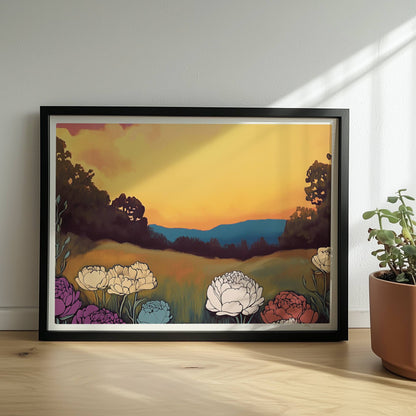 Pfingstrosen in voller Blüte vor dramatischem Sonnenuntergang mit pinkfarbenen Wolken und tiefgrünem Feld – kraftvolle Naturillustration.. Rahmen schwarz 40x30