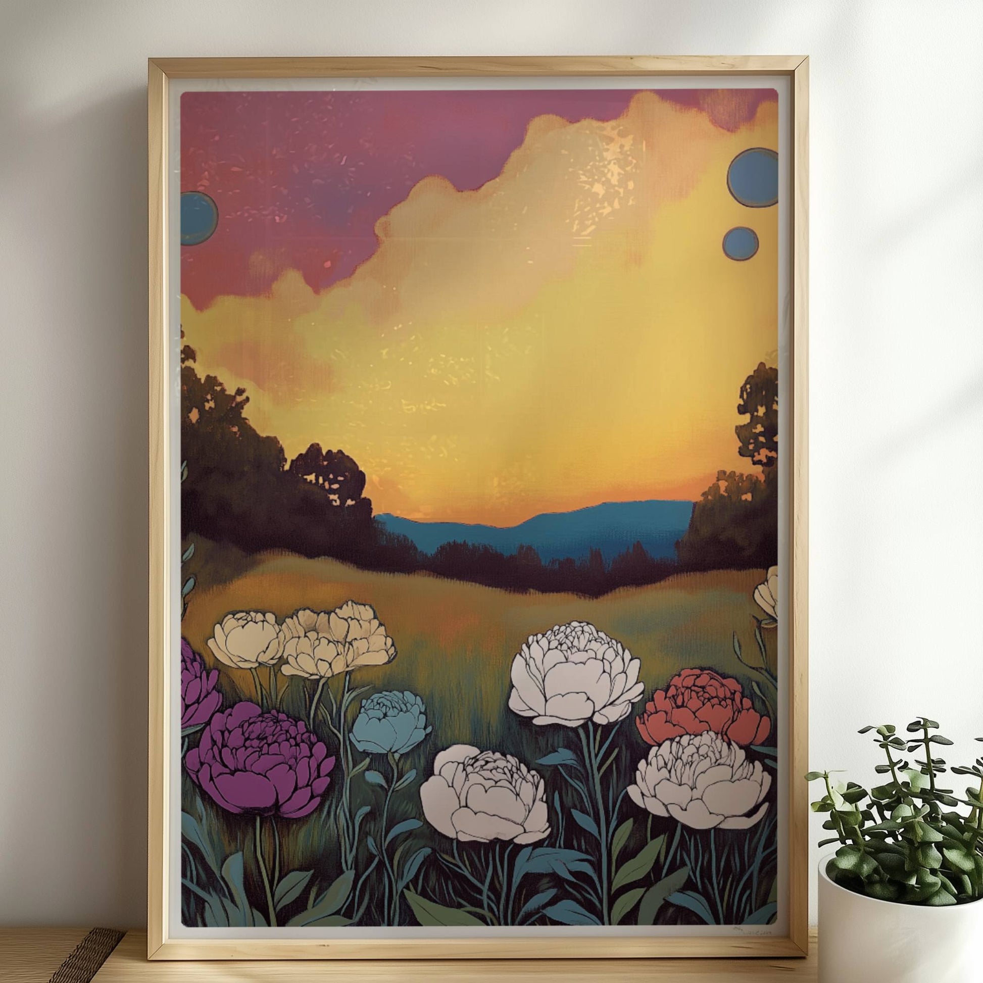 Pfingstrosen in voller Blüte vor dramatischem Sonnenuntergang mit pinkfarbenen Wolken und tiefgrünem Feld – kraftvolle Naturillustration.. Rahmen natur 50x70
