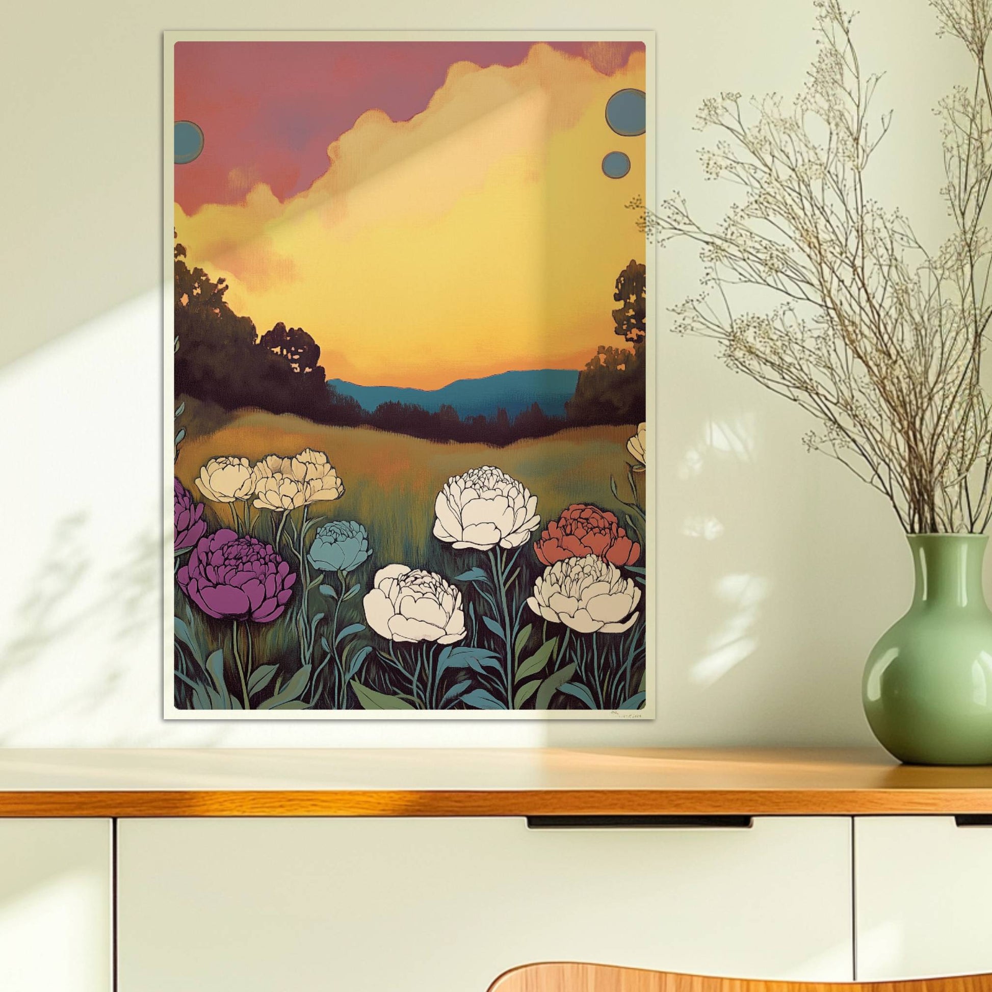 Pfingstrosen in voller Blüte vor dramatischem Sonnenuntergang mit pinkfarbenen Wolken und tiefgrünem Feld – kraftvolle Naturillustration.. Ohne Rahmen 50x70