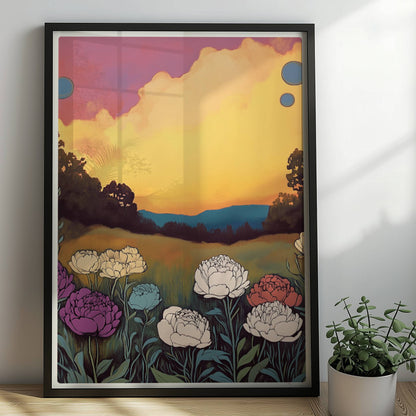 Pfingstrosen in voller Blüte vor dramatischem Sonnenuntergang mit pinkfarbenen Wolken und tiefgrünem Feld – kraftvolle Naturillustration.. Rahmen schwarz 50x70