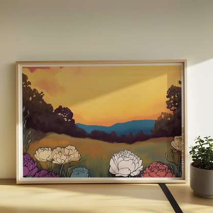 Pfingstrosen in voller Blüte vor dramatischem Sonnenuntergang mit pinkfarbenen Wolken und tiefgrünem Feld – kraftvolle Naturillustration.. Rahmen natur 70x50