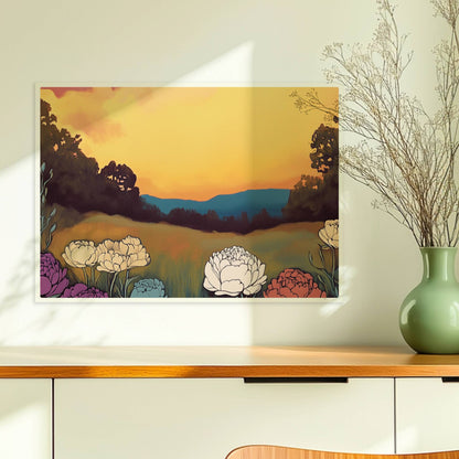 Pfingstrosen in voller Blüte vor dramatischem Sonnenuntergang mit pinkfarbenen Wolken und tiefgrünem Feld – kraftvolle Naturillustration.. Ohne Rahmen 70x50