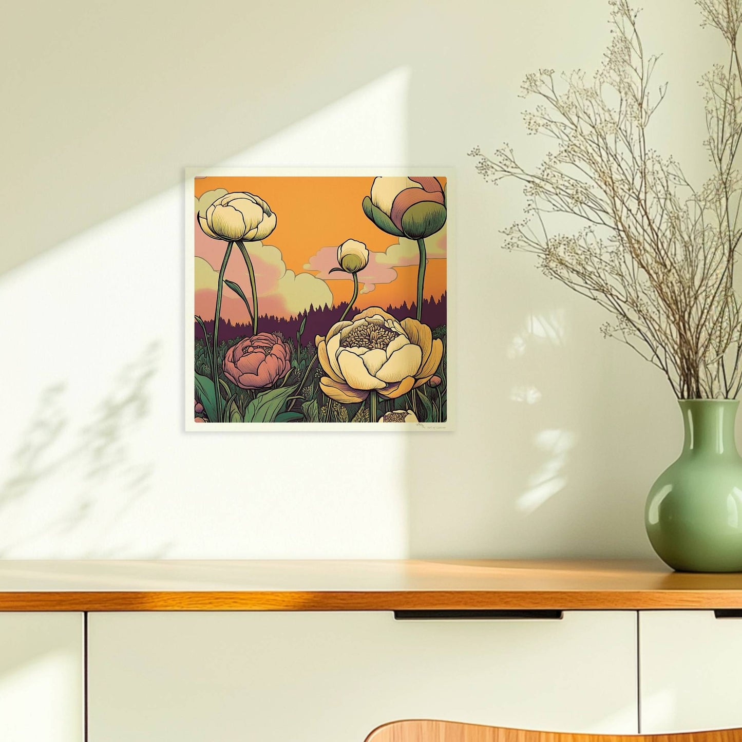 Pfingstrosen in Nahaufnahme mit zarten Pastellfarben vor goldenem Sonnenuntergang und malerischem Himmel – elegante Blumenillustration.. Ohne Rahmen 30x30