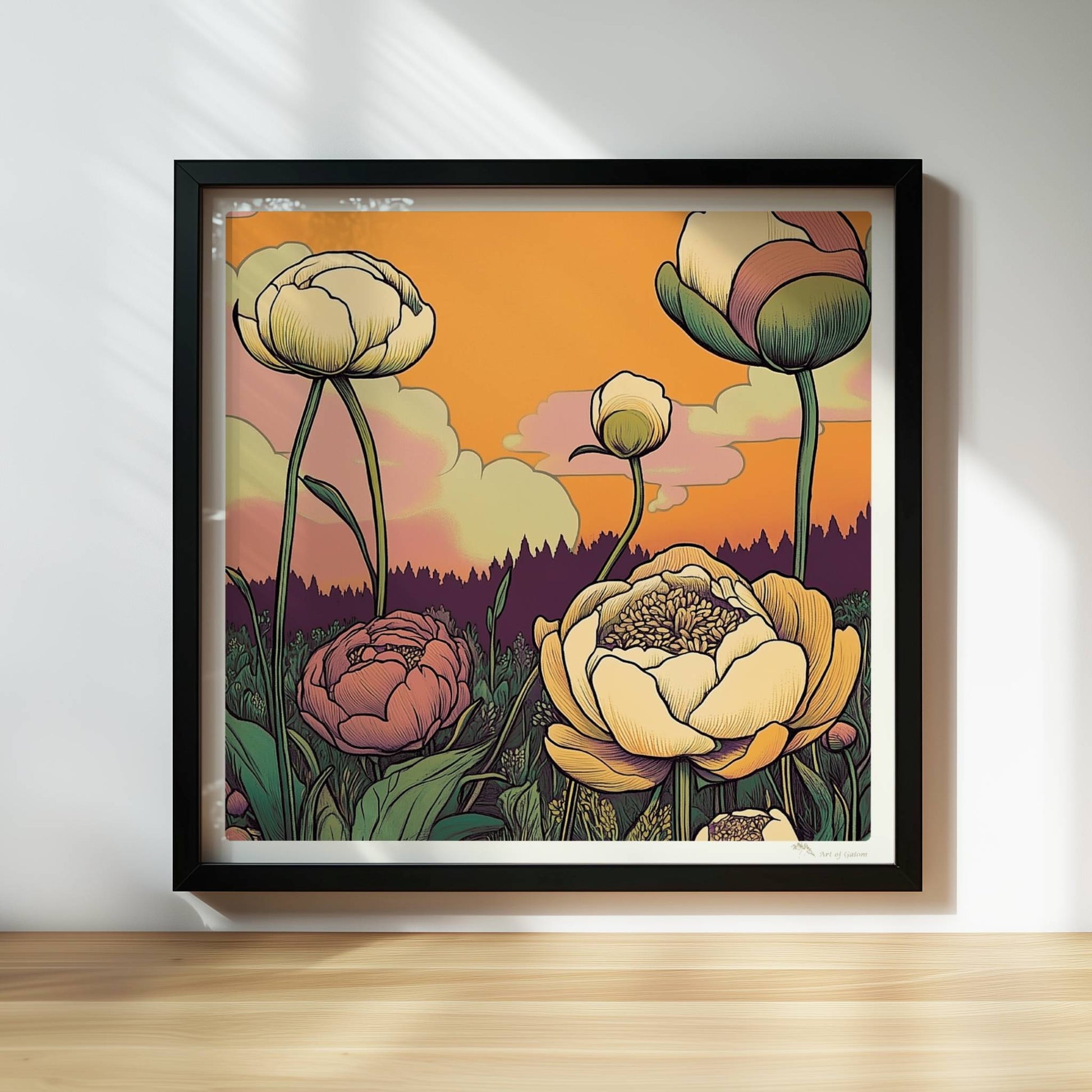 Pfingstrosen in Nahaufnahme mit zarten Pastellfarben vor goldenem Sonnenuntergang und malerischem Himmel – elegante Blumenillustration.. Rahmen schwarz 30x30