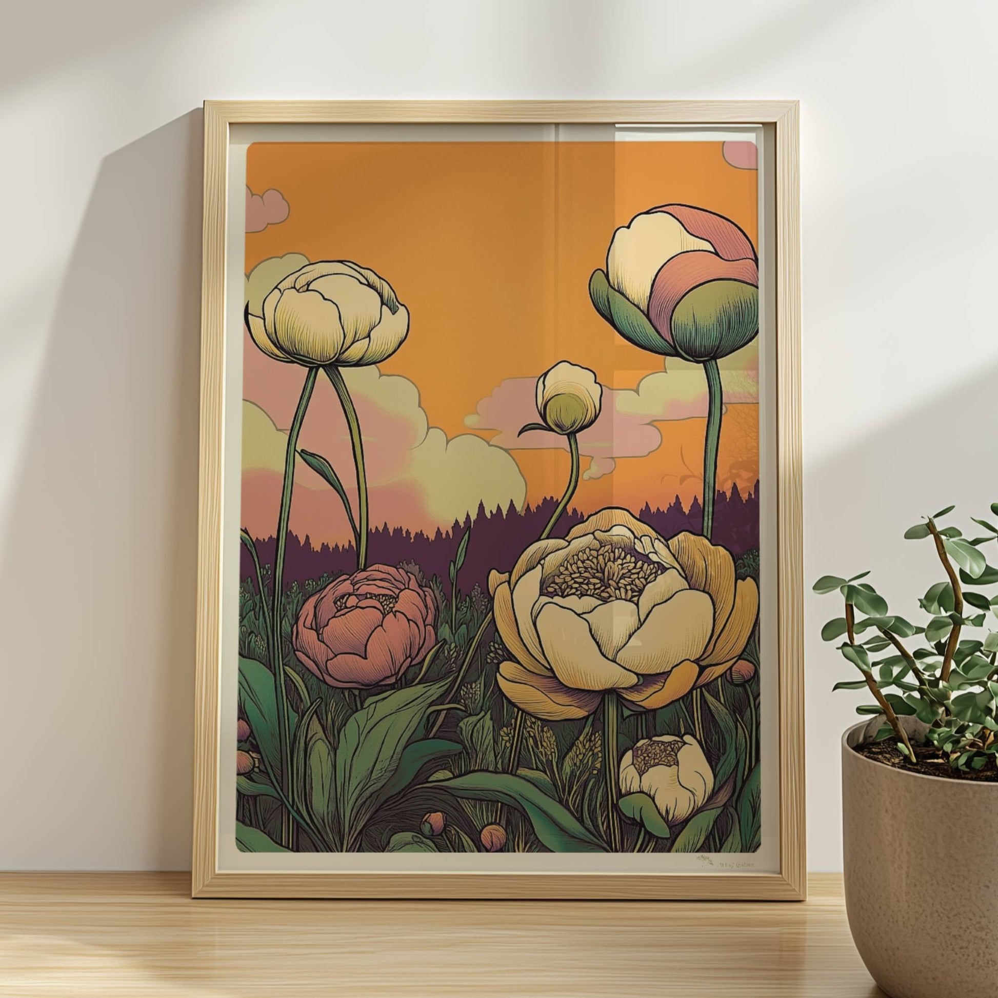 Pfingstrosen in Nahaufnahme mit zarten Pastellfarben vor goldenem Sonnenuntergang und malerischem Himmel – elegante Blumenillustration.. Rahmen natur 30x40
