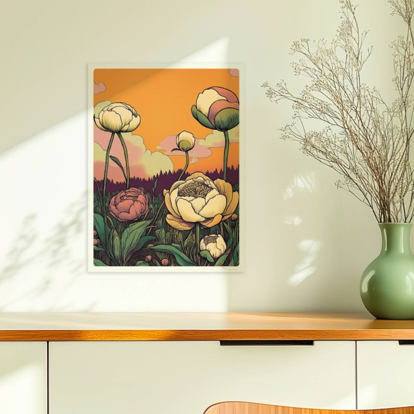 Pfingstrosen in Nahaufnahme mit zarten Pastellfarben vor goldenem Sonnenuntergang und malerischem Himmel – elegante Blumenillustration.. Ohne Rahmen 30x40