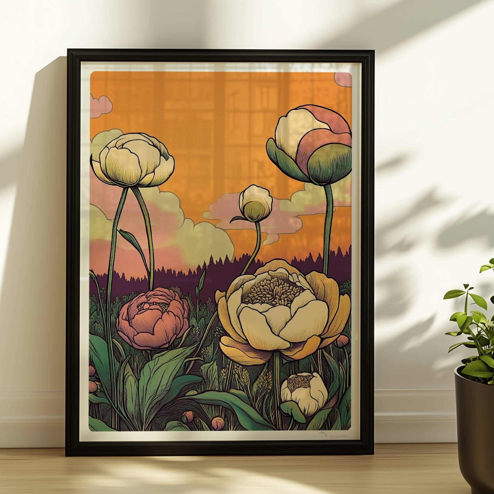 Pfingstrosen in Nahaufnahme mit zarten Pastellfarben vor goldenem Sonnenuntergang und malerischem Himmel – elegante Blumenillustration.. Rahmen schwarz 30x40