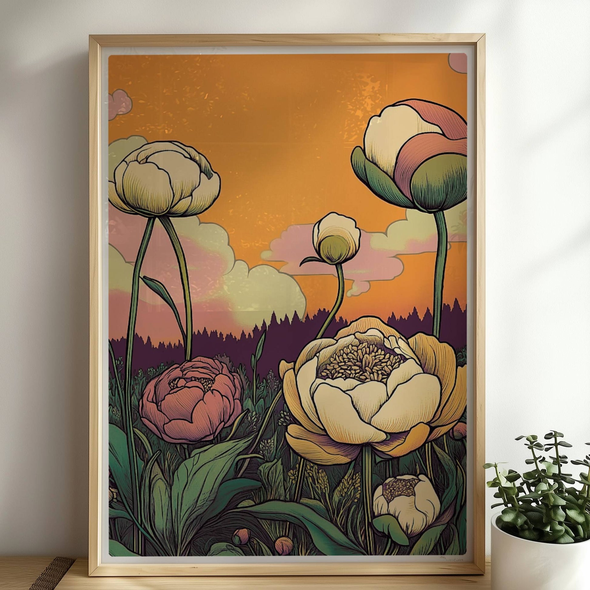 Pfingstrosen in Nahaufnahme mit zarten Pastellfarben vor goldenem Sonnenuntergang und malerischem Himmel – elegante Blumenillustration.. Rahmen natur 50x70