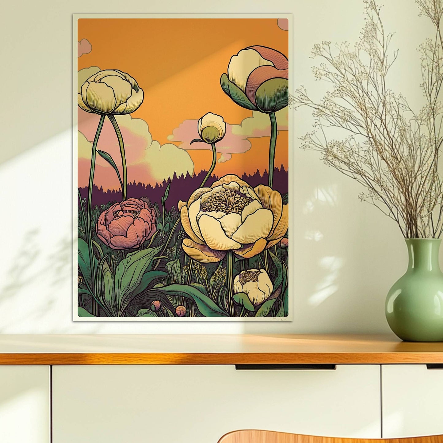 Pfingstrosen in Nahaufnahme mit zarten Pastellfarben vor goldenem Sonnenuntergang und malerischem Himmel – elegante Blumenillustration.. Ohne Rahmen 50x70