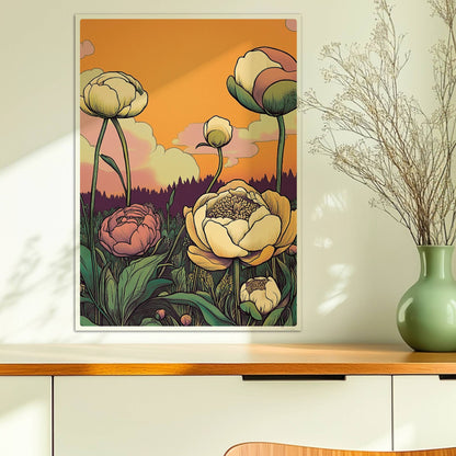 Pfingstrosen in Nahaufnahme mit zarten Pastellfarben vor goldenem Sonnenuntergang und malerischem Himmel – elegante Blumenillustration.. Ohne Rahmen 50x70