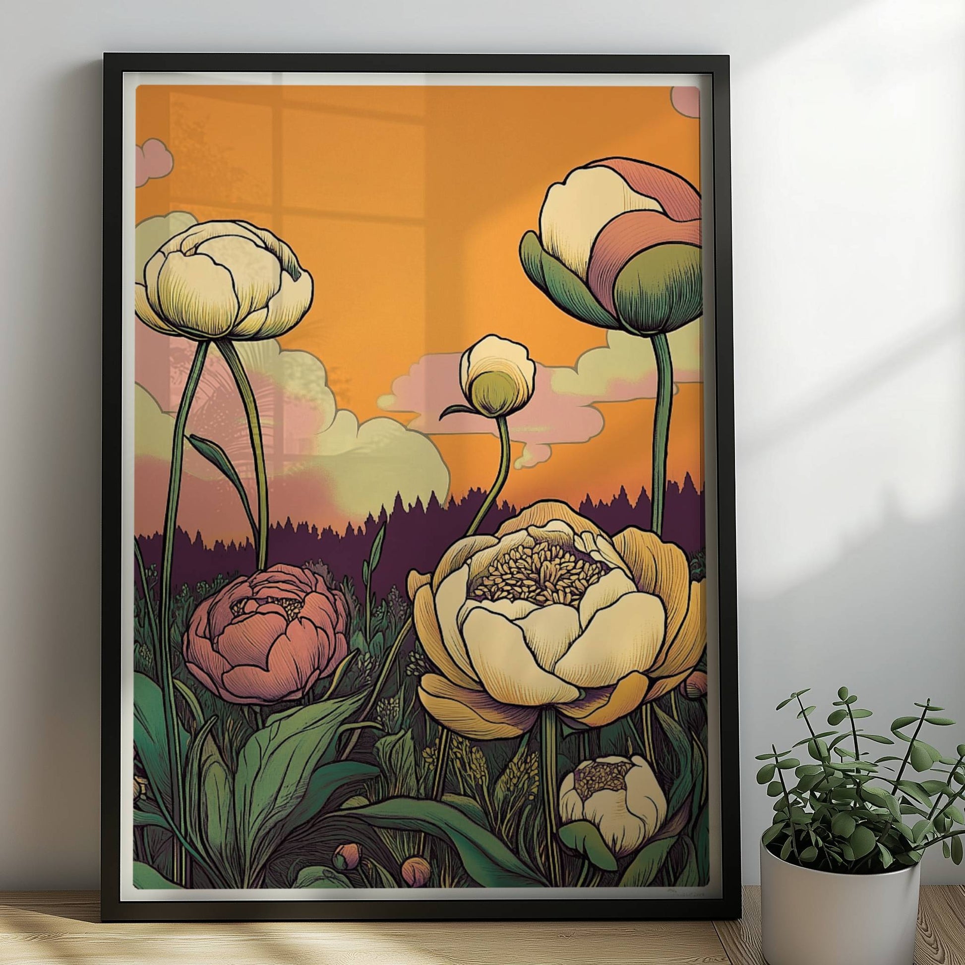 Pfingstrosen in Nahaufnahme mit zarten Pastellfarben vor goldenem Sonnenuntergang und malerischem Himmel – elegante Blumenillustration.. Rahmen schwarz 50x70