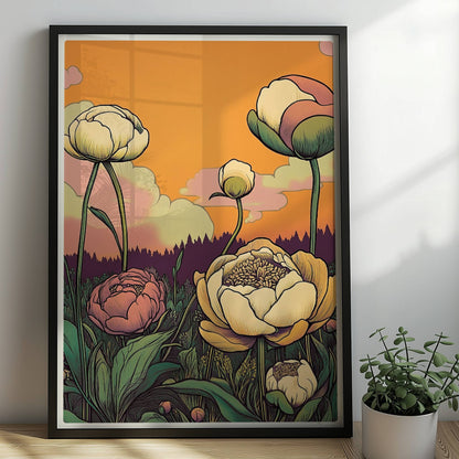 Pfingstrosen in Nahaufnahme mit zarten Pastellfarben vor goldenem Sonnenuntergang und malerischem Himmel – elegante Blumenillustration.. Rahmen schwarz 50x70