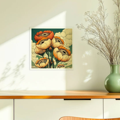 Gigantische Mohnblumen in warmen Orange? und Cremetönen vor surrealem Himmel mit Wolken und weiter Landschaft – ausdrucksstarke Naturkunst.. Ohne Rahmen 30x30