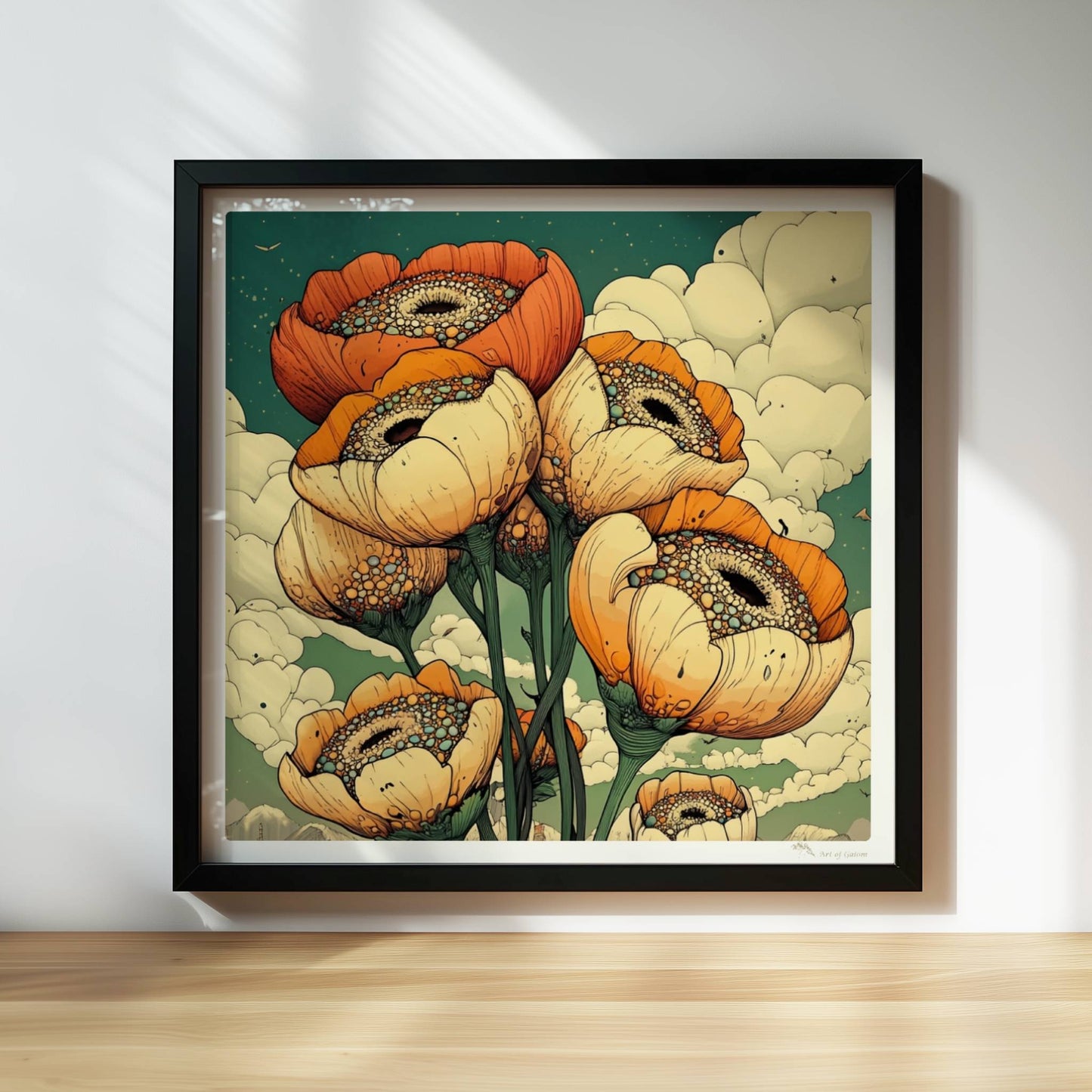 Gigantische Mohnblumen in warmen Orange? und Cremetönen vor surrealem Himmel mit Wolken und weiter Landschaft – ausdrucksstarke Naturkunst.. Rahmen schwarz 30x30