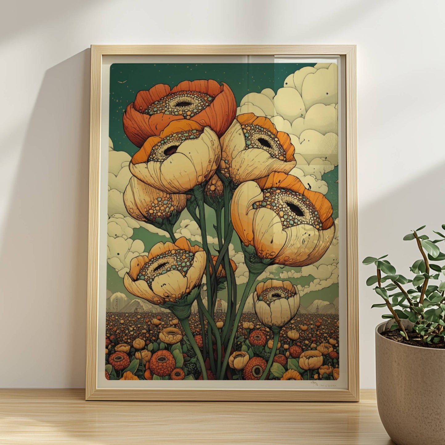 Gigantische Mohnblumen in warmen Orange? und Cremetönen vor surrealem Himmel mit Wolken und weiter Landschaft – ausdrucksstarke Naturkunst.. Rahmen natur 30x40
