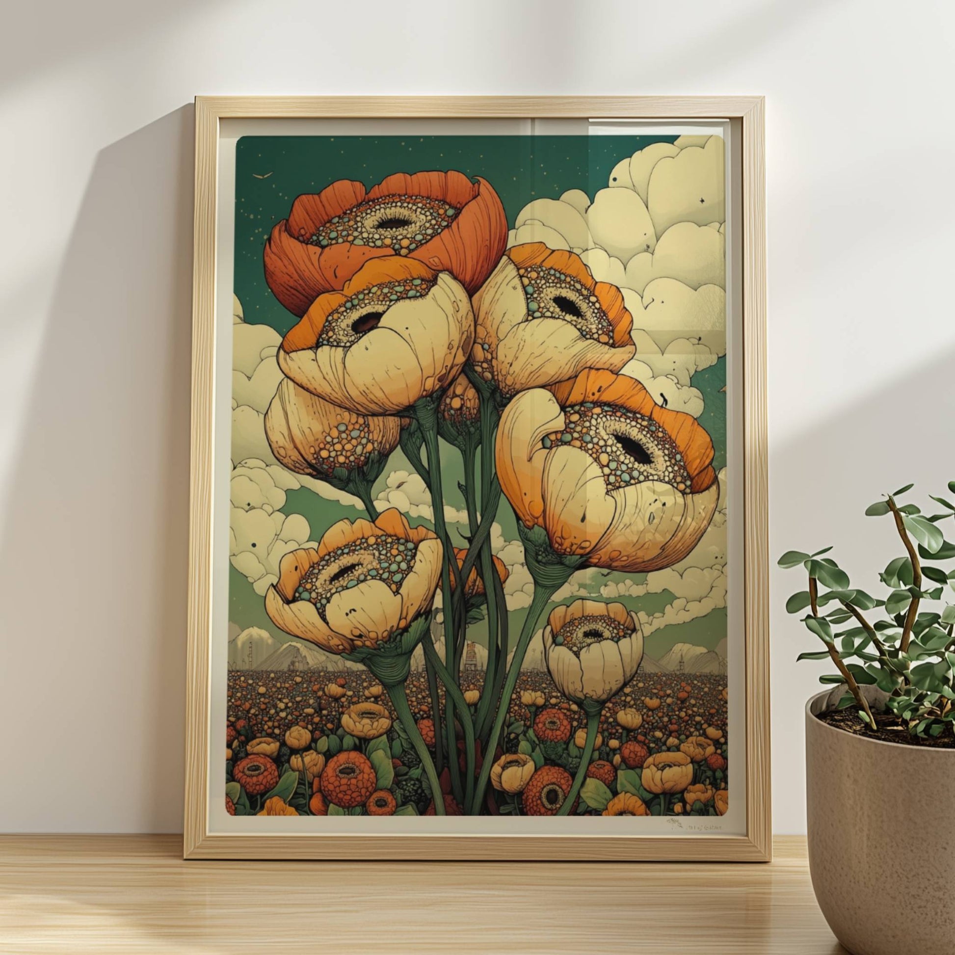 Gigantische Mohnblumen in warmen Orange? und Cremetönen vor surrealem Himmel mit Wolken und weiter Landschaft – ausdrucksstarke Naturkunst.. Rahmen natur 30x40