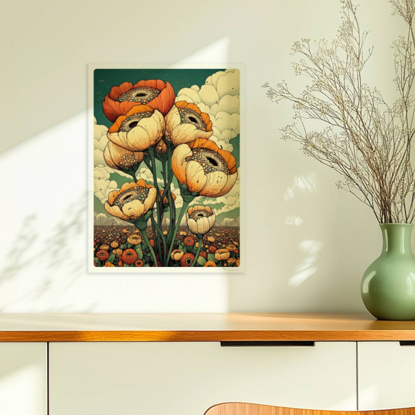 Gigantische Mohnblumen in warmen Orange? und Cremetönen vor surrealem Himmel mit Wolken und weiter Landschaft – ausdrucksstarke Naturkunst.. Ohne Rahmen 30x40