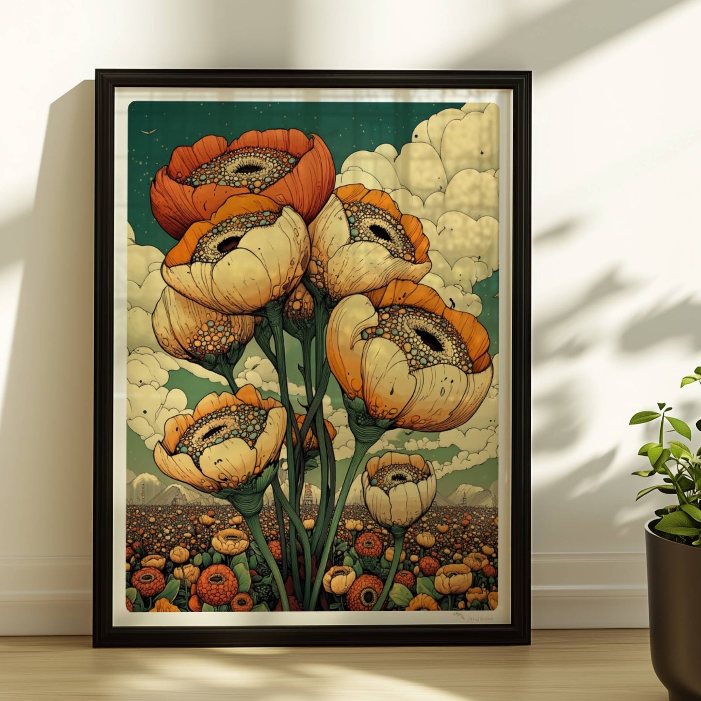 Gigantische Mohnblumen in warmen Orange? und Cremetönen vor surrealem Himmel mit Wolken und weiter Landschaft – ausdrucksstarke Naturkunst.. Rahmen schwarz 30x40