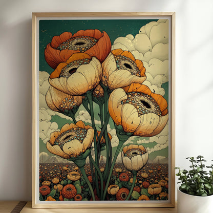 Gigantische Mohnblumen in warmen Orange? und Cremetönen vor surrealem Himmel mit Wolken und weiter Landschaft – ausdrucksstarke Naturkunst.. Rahmen natur 50x70