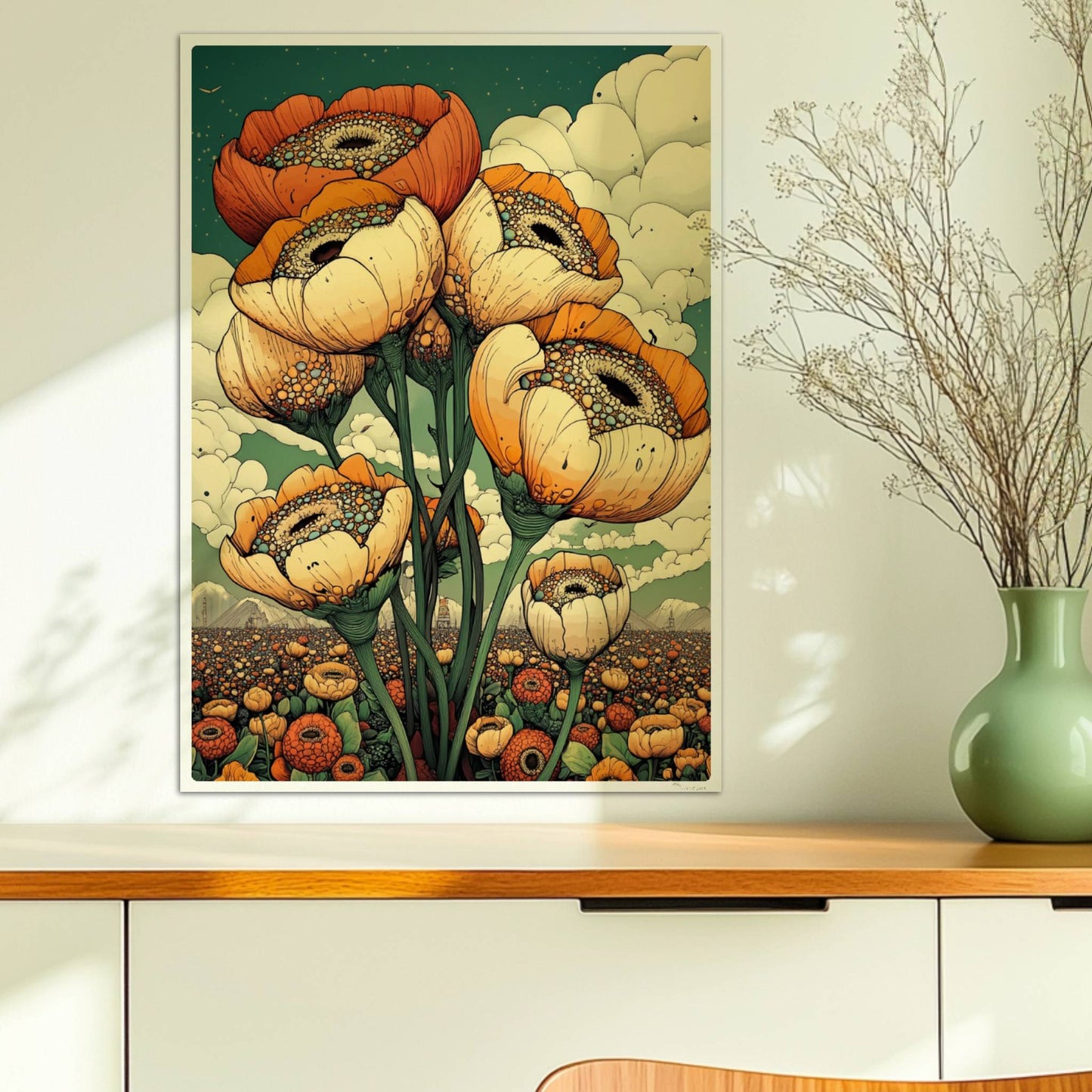 Gigantische Mohnblumen in warmen Orange? und Cremetönen vor surrealem Himmel mit Wolken und weiter Landschaft – ausdrucksstarke Naturkunst.. Ohne Rahmen 50x70