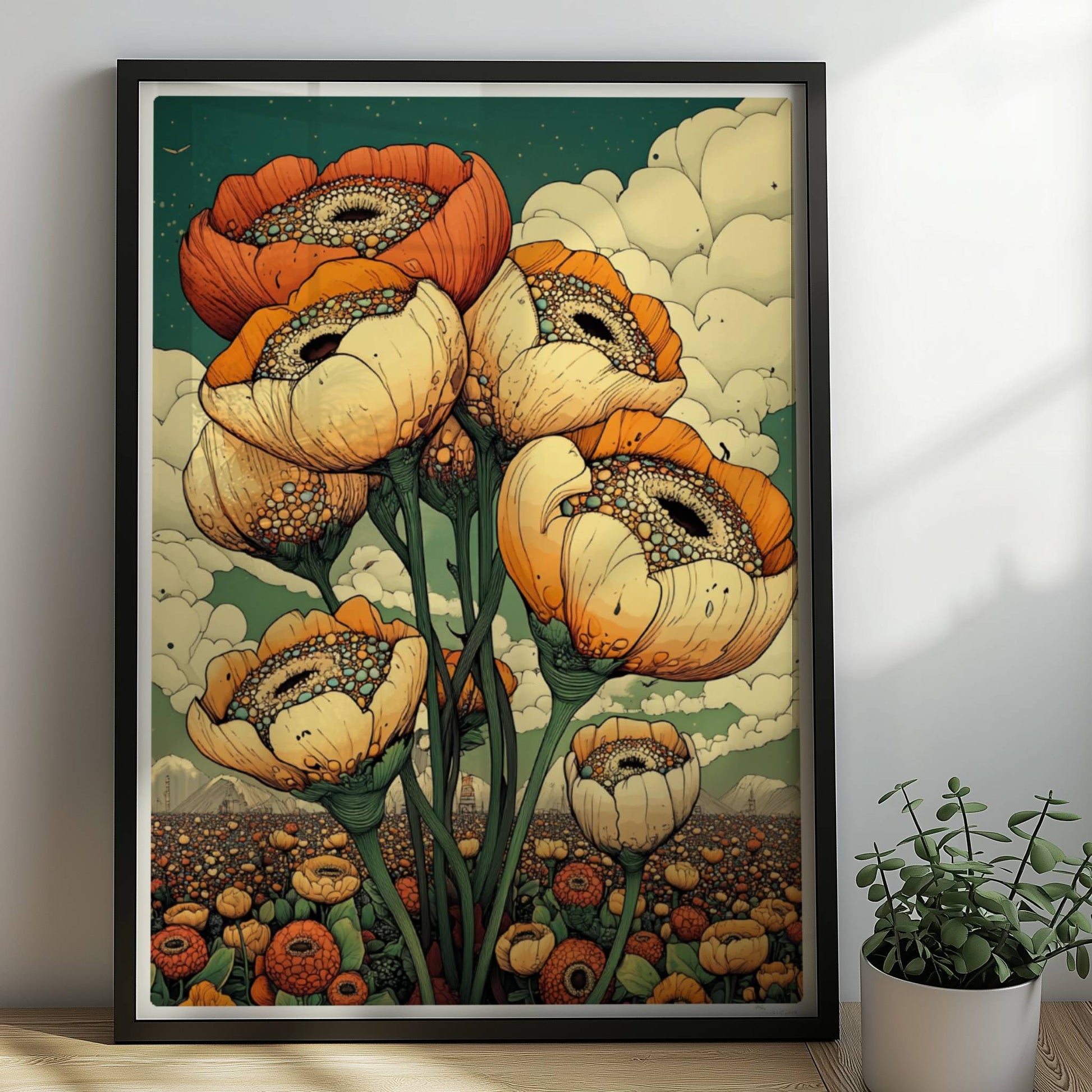 Gigantische Mohnblumen in warmen Orange? und Cremetönen vor surrealem Himmel mit Wolken und weiter Landschaft – ausdrucksstarke Naturkunst.. Rahmen schwarz 50x70